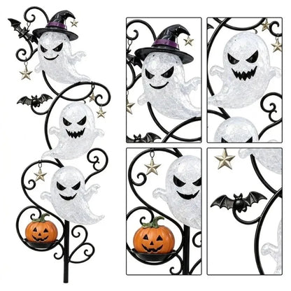 Lighted 3-Tier Ghost Halloween Garden Stake — 17.7" Wrought Iron Yard Light with Witch Hat, Bats & Mini Pumpkin