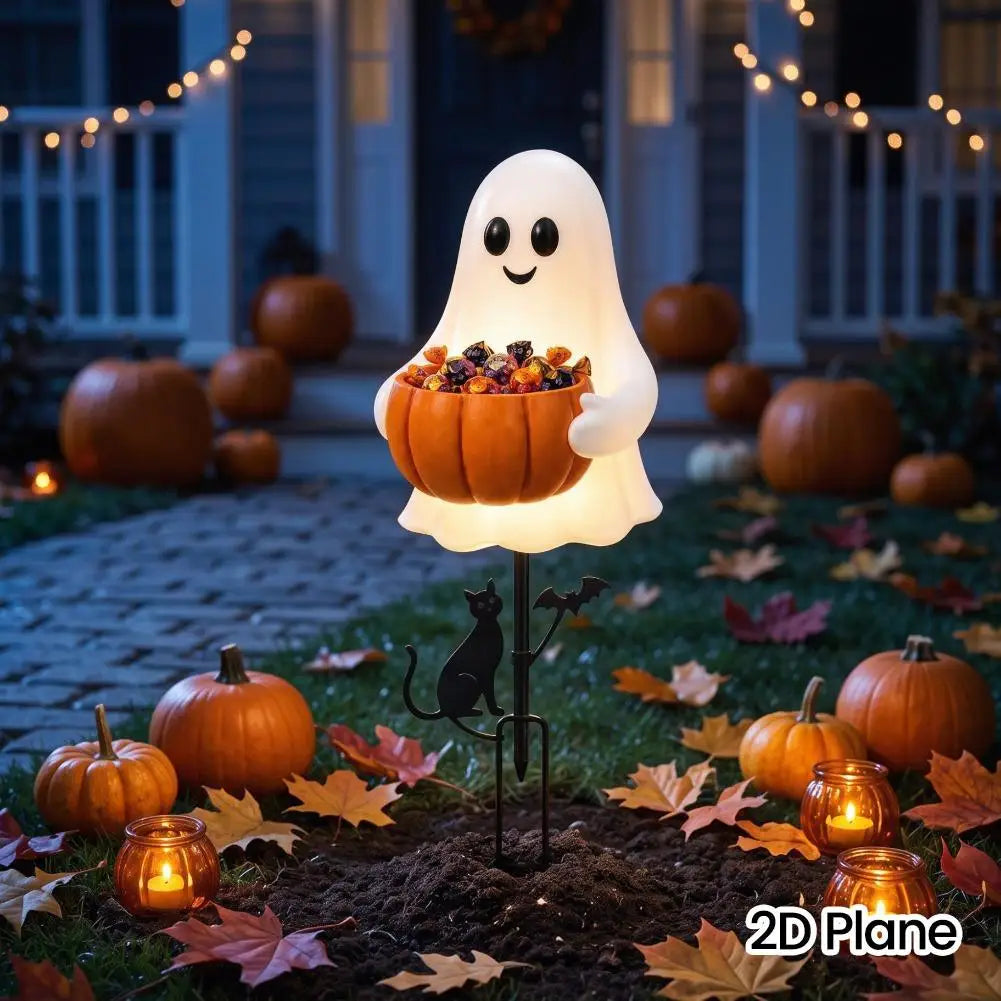 Light-Up Halloween Ghost Garden Stake — 15.75" Outdoor Candy Bowl Welcome Light with Black Cat & Bat Silhouettes