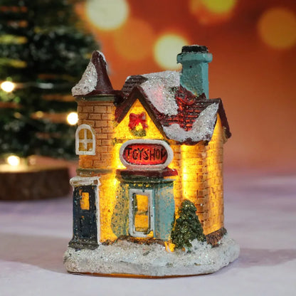 Miniature LED Christmas Village House – Glowing Resin Snow Cottage Tabletop Ornament