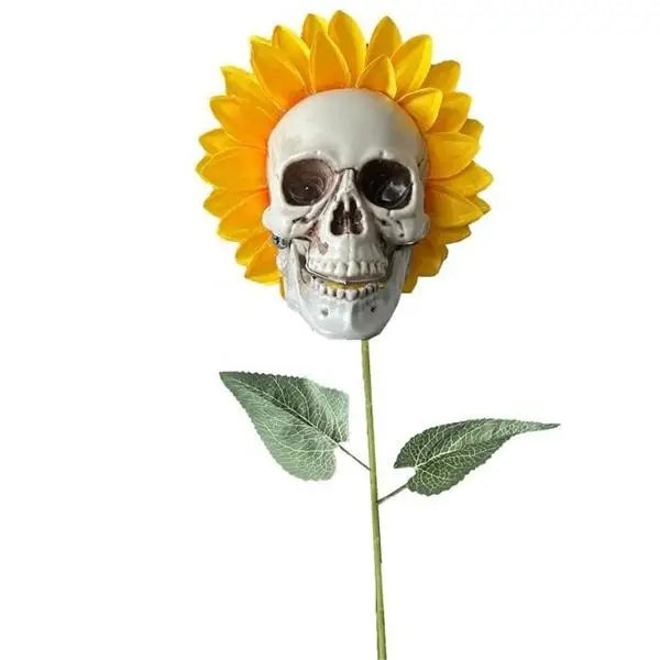 Artificial Sunflower Skull Garden Stake — Spooky Horror Halloween Yard Decoration & Skeleton Plant Lawn Ornament