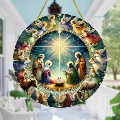 Round Wooden Nativity Scene Wall Hanging – Flat Printed Christmas Sign Decor