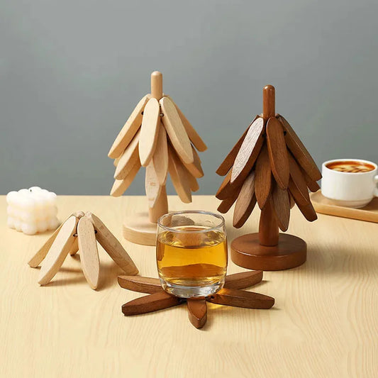 Wooden Tree Trivet & Coaster Set | Foldable Heat-Resistant Wooden Hot Pads
