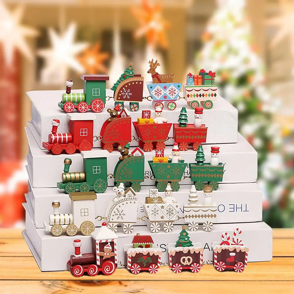 Festive Mini Christmas Express Train Tabletop Decoration (4-Car Wooden & Plastic Sets)