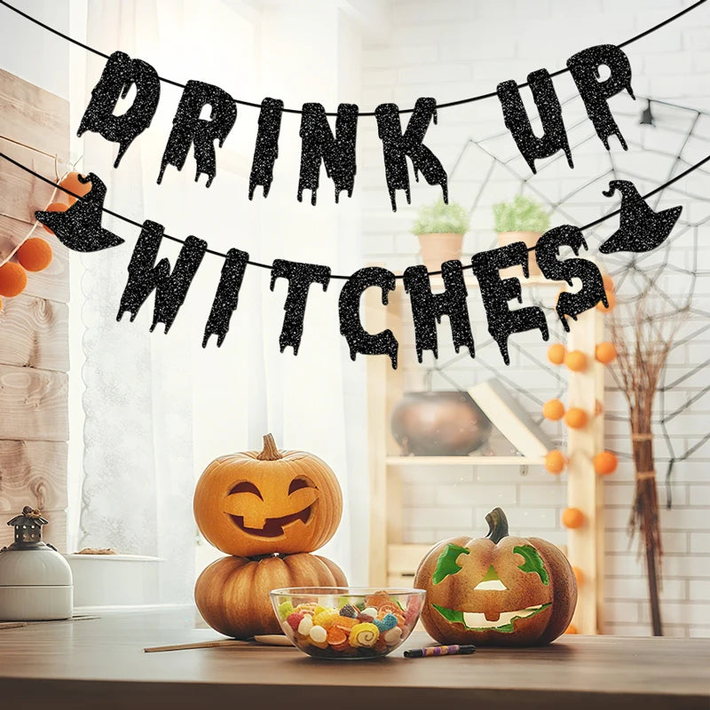 "Drink Up Witches" Glitter Banner - Spooky Halloween Party Garland Decor