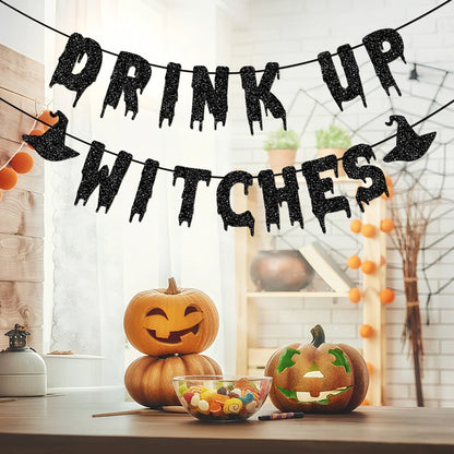 "Drink Up Witches" Glitter Banner - Spooky Halloween Party Garland Decor