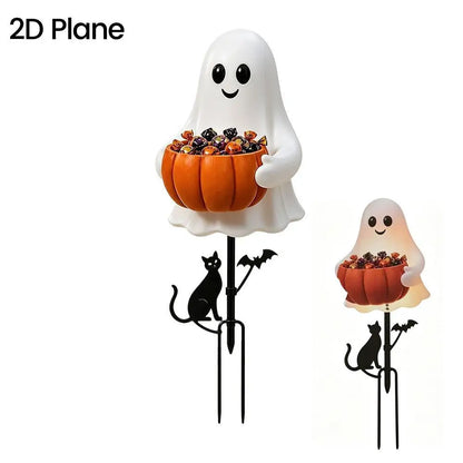 Light-Up Halloween Ghost Garden Stake — 15.75" Outdoor Candy Bowl Welcome Light with Black Cat & Bat Silhouettes