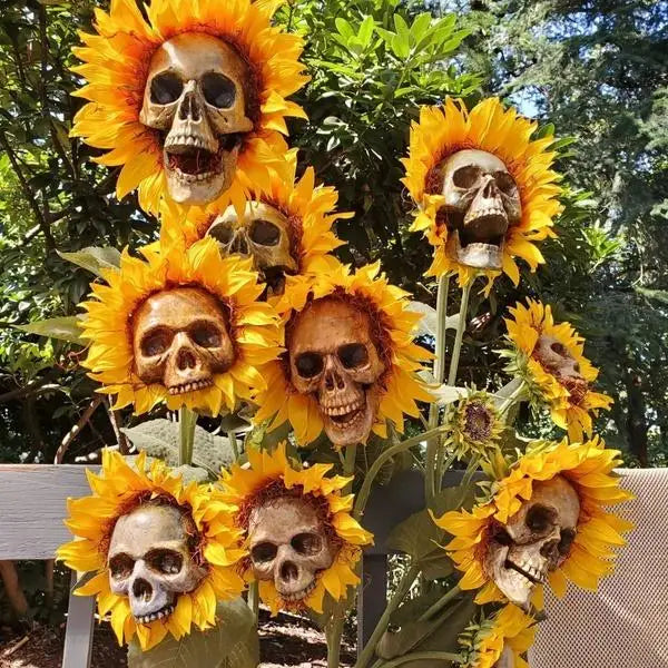 Artificial Sunflower Skull Garden Stake — Spooky Horror Halloween Yard Decoration & Skeleton Plant Lawn Ornament
