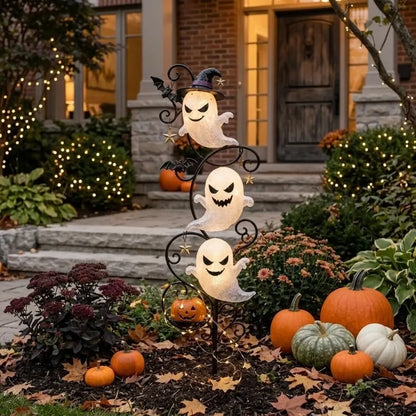 Lighted 3-Tier Ghost Halloween Garden Stake — 17.7" Wrought Iron Yard Light with Witch Hat, Bats & Mini Pumpkin