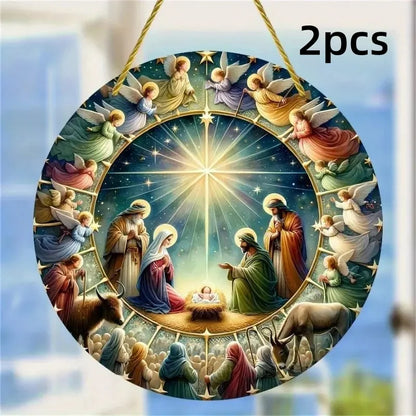 Round Wooden Nativity Scene Wall Hanging – Flat Printed Christmas Sign Decor