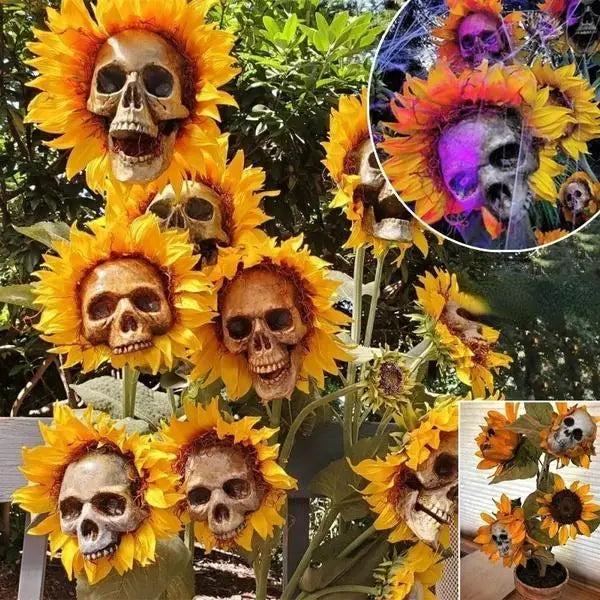 Artificial Sunflower Skull Garden Stake — Spooky Horror Halloween Yard Decoration & Skeleton Plant Lawn Ornament