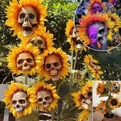 Artificial Sunflower Skull Garden Stake — Spooky Horror Halloween Yard Decoration & Skeleton Plant Lawn Ornament