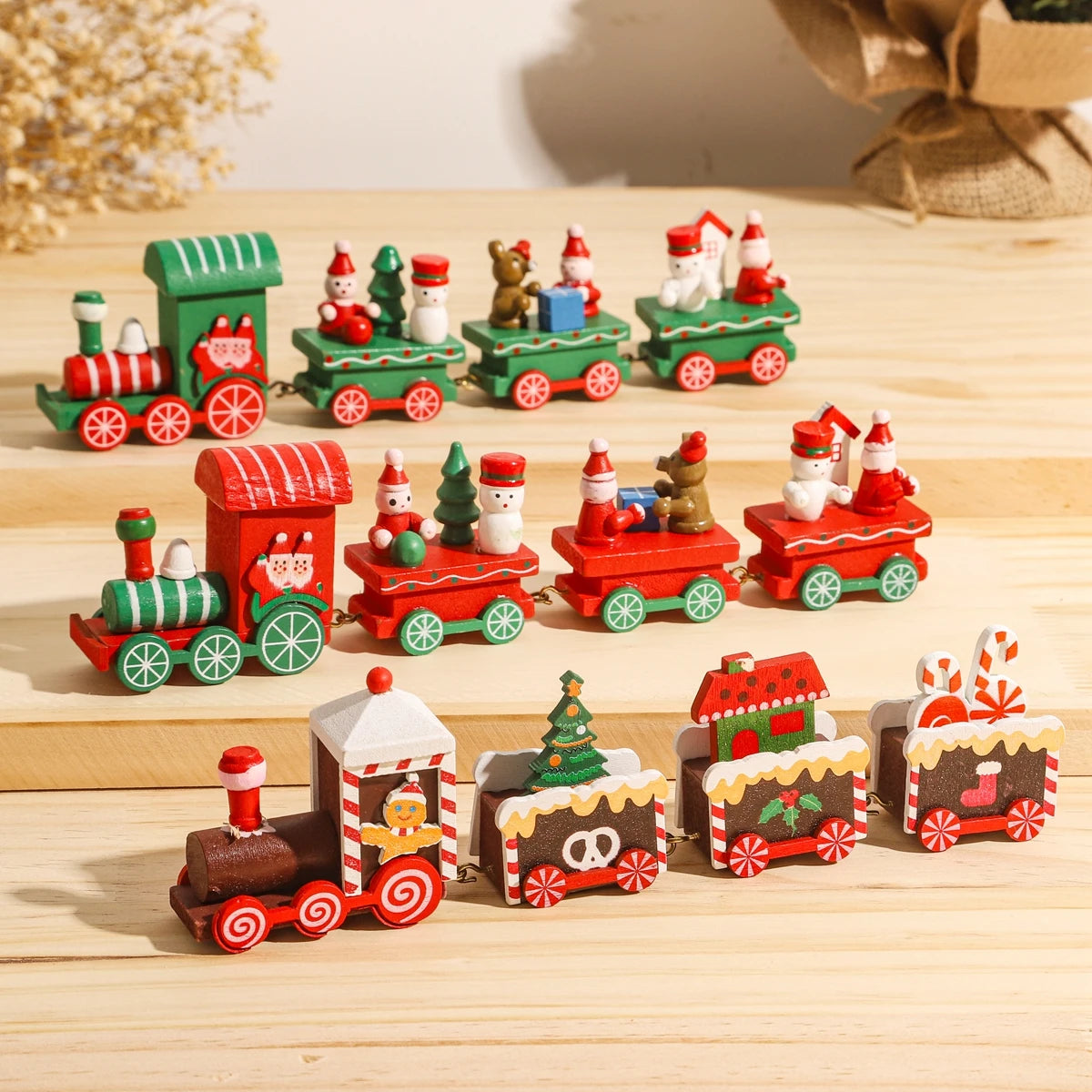 Festive Mini Christmas Express Train Tabletop Decoration (4-Car Wooden & Plastic Sets)