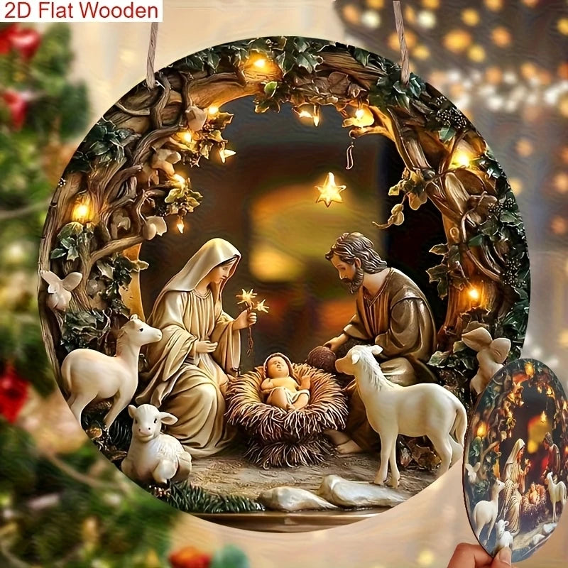 Round Wooden Nativity Scene Wall Hanging – Flat Printed Christmas Sign Decor
