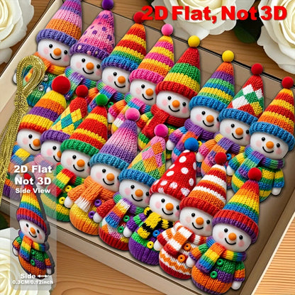Mini Wooden Snowman Christmas Tree Ornaments – Flat Colorful Knit-Look Holiday Hanging Pendant Decorations