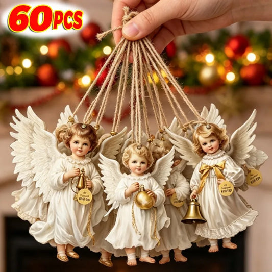 12 Pcs Vintage Victorian Angel Wooden Christmas Ornaments — Festive Hanging Tree Pendants with Jute Twine