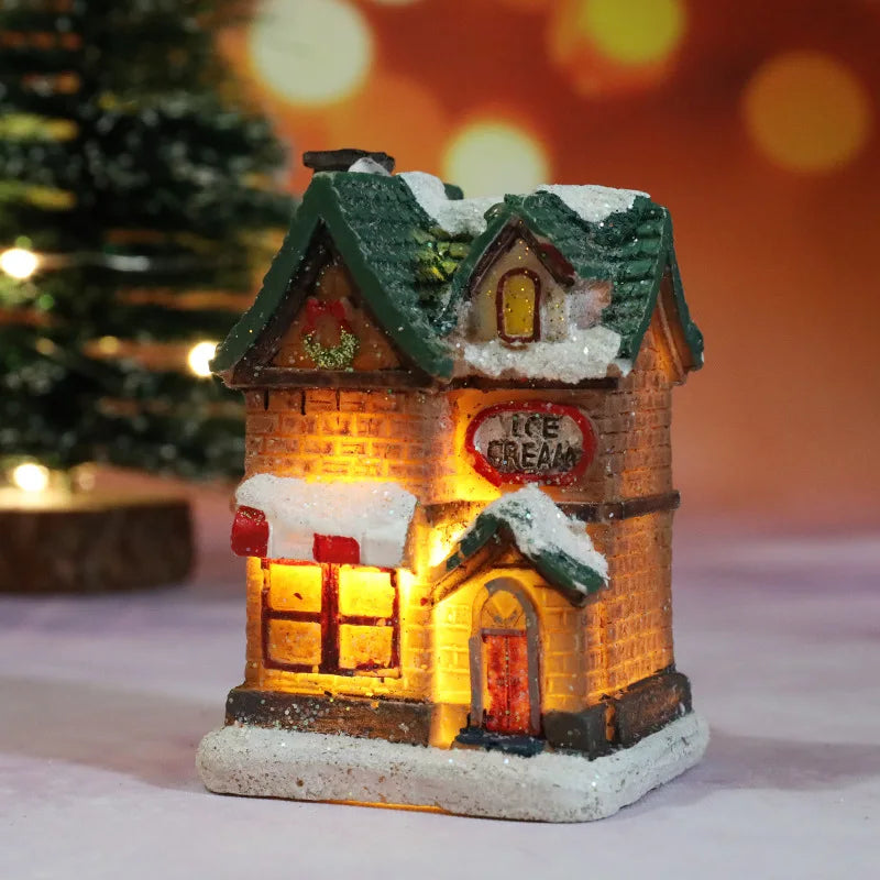 Miniature LED Christmas Village House – Glowing Resin Snow Cottage Tabletop Ornament