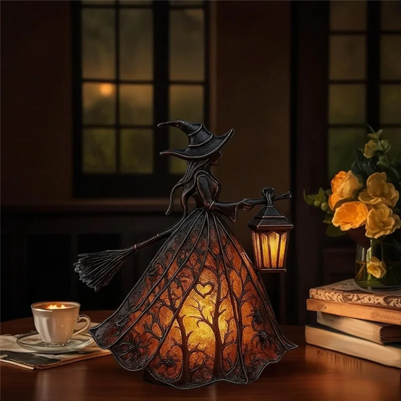 Illuminated Forest Witch Figurine – 7" Light-Up Halloween Tabletop Statue & Lantern Decor