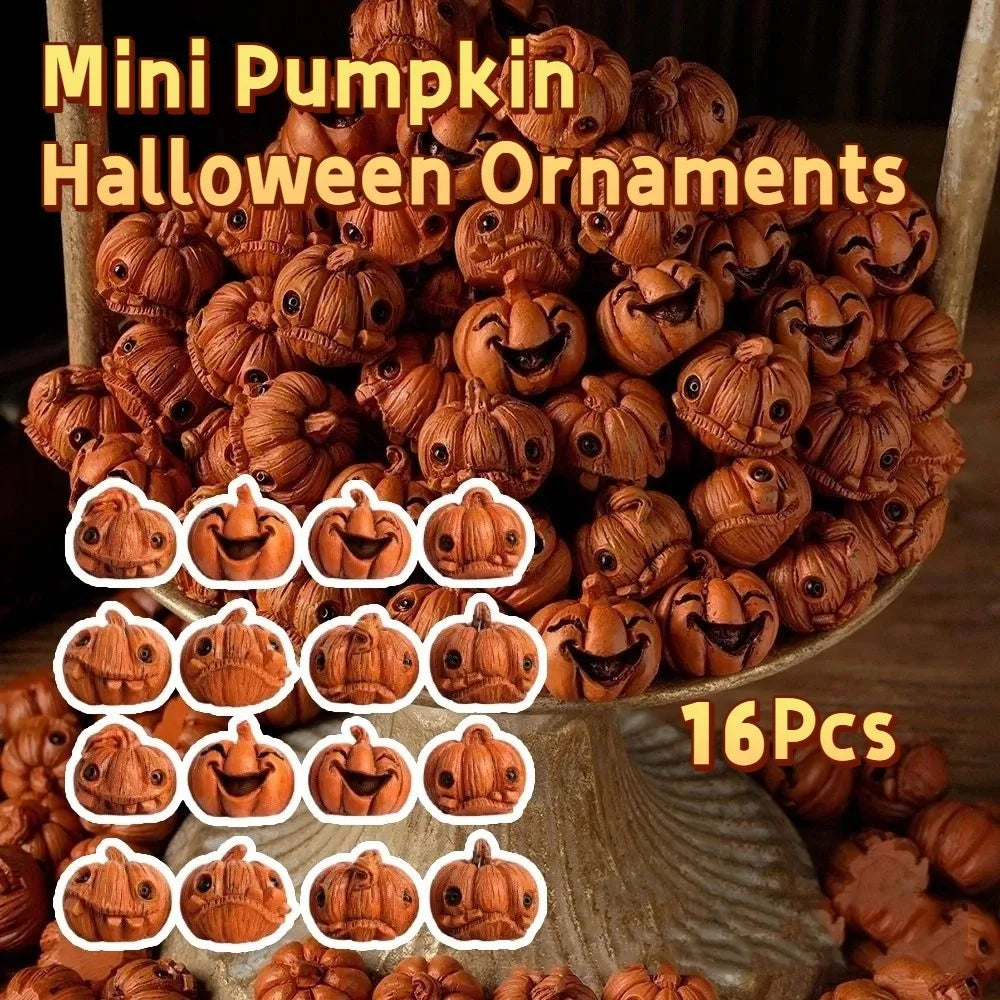 16-Piece Mini Halloween Resin Pumpkins | Small Jack-o'-Lantern Decor