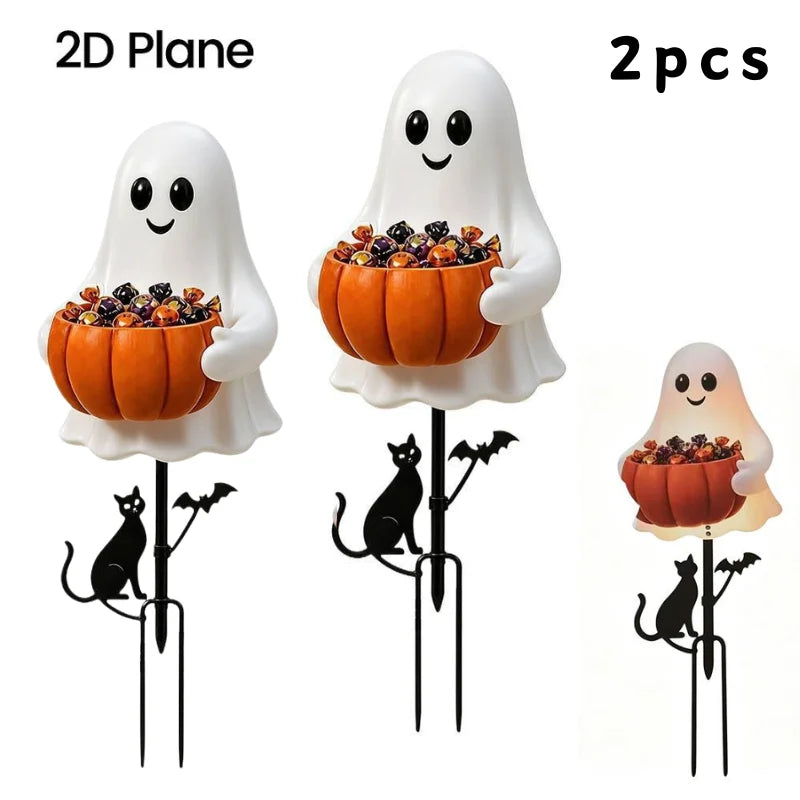 Light-Up Halloween Ghost Garden Stake — 15.75" Outdoor Candy Bowl Welcome Light with Black Cat & Bat Silhouettes