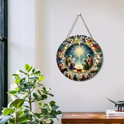 Round Wooden Nativity Scene Wall Hanging – Flat Printed Christmas Sign Decor