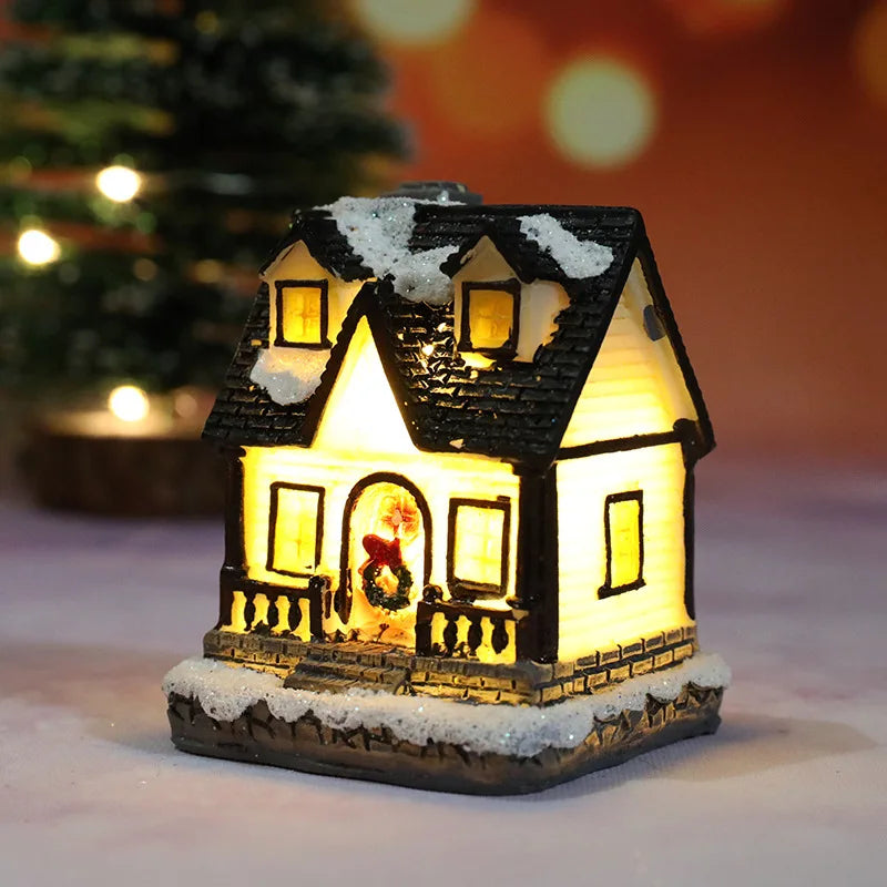 Miniature LED Christmas Village House – Glowing Resin Snow Cottage Tabletop Ornament
