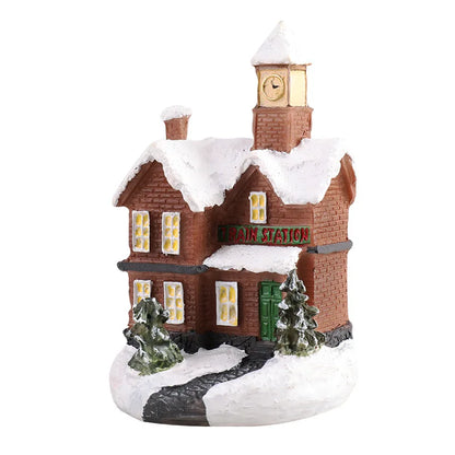 Miniature LED Christmas Village House – Glowing Resin Snow Cottage Tabletop Ornament