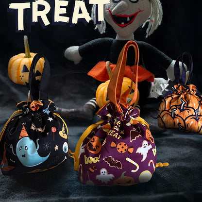 Spooky Halloween Drawstring Treat Bag – Reusable Trick-or-Treat Candy Pouch with Handles