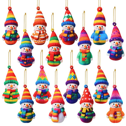 Mini Wooden Snowman Christmas Tree Ornaments – Flat Colorful Knit-Look Holiday Hanging Pendant Decorations