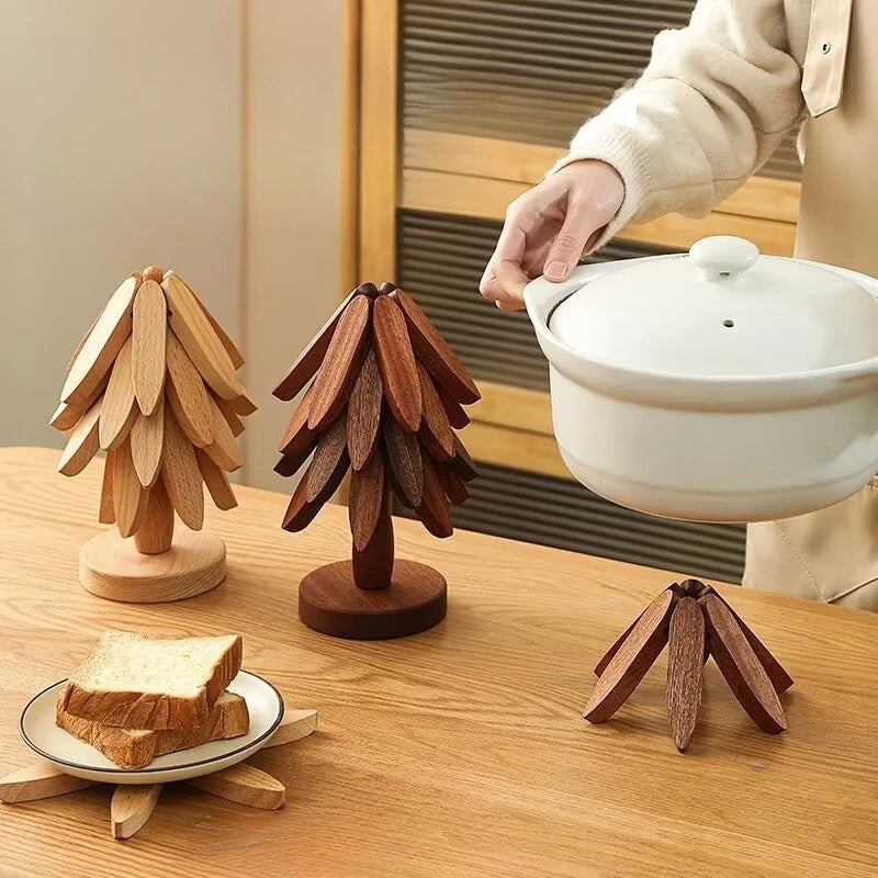 Wooden Tree Trivet & Coaster Set | Foldable Heat-Resistant Wooden Hot Pads
