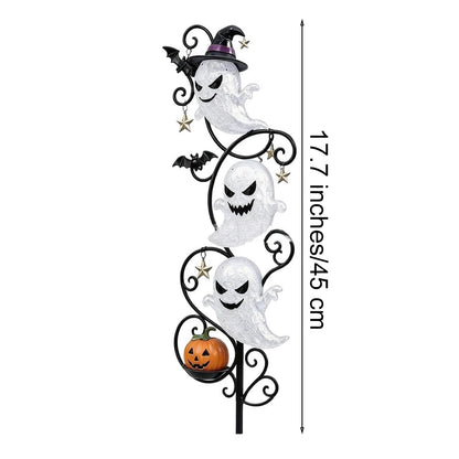 Lighted 3-Tier Ghost Halloween Garden Stake — 17.7" Wrought Iron Yard Light with Witch Hat, Bats & Mini Pumpkin