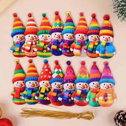 Mini Wooden Snowman Christmas Tree Ornaments – Flat Colorful Knit-Look Holiday Hanging Pendant Decorations