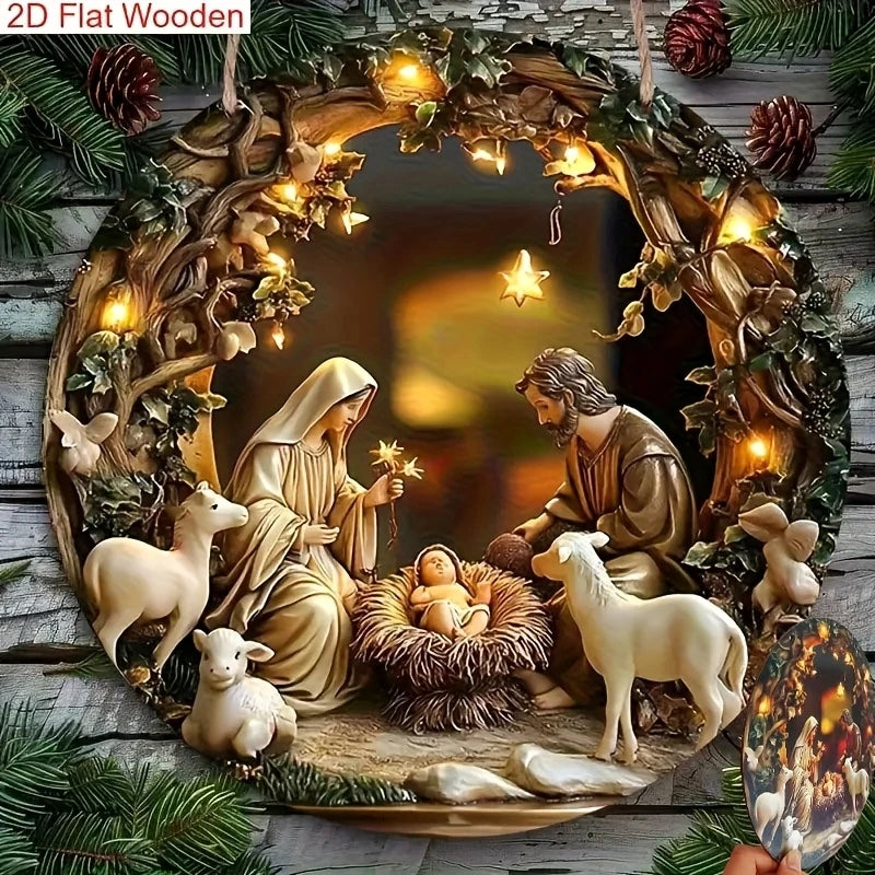 Round Wooden Nativity Scene Wall Hanging – Flat Printed Christmas Sign Decor