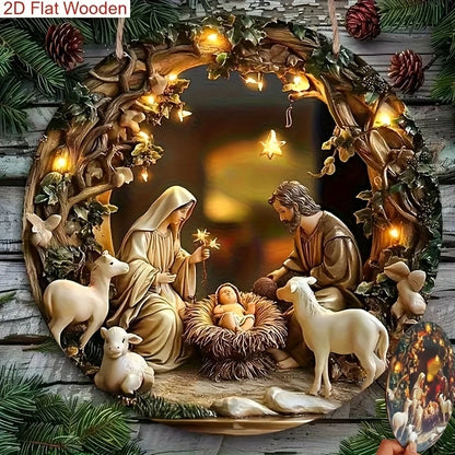Round Wooden Nativity Scene Wall Hanging – Flat Printed Christmas Sign Decor
