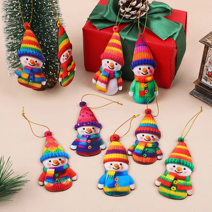 Mini Wooden Snowman Christmas Tree Ornaments – Flat Colorful Knit-Look Holiday Hanging Pendant Decorations