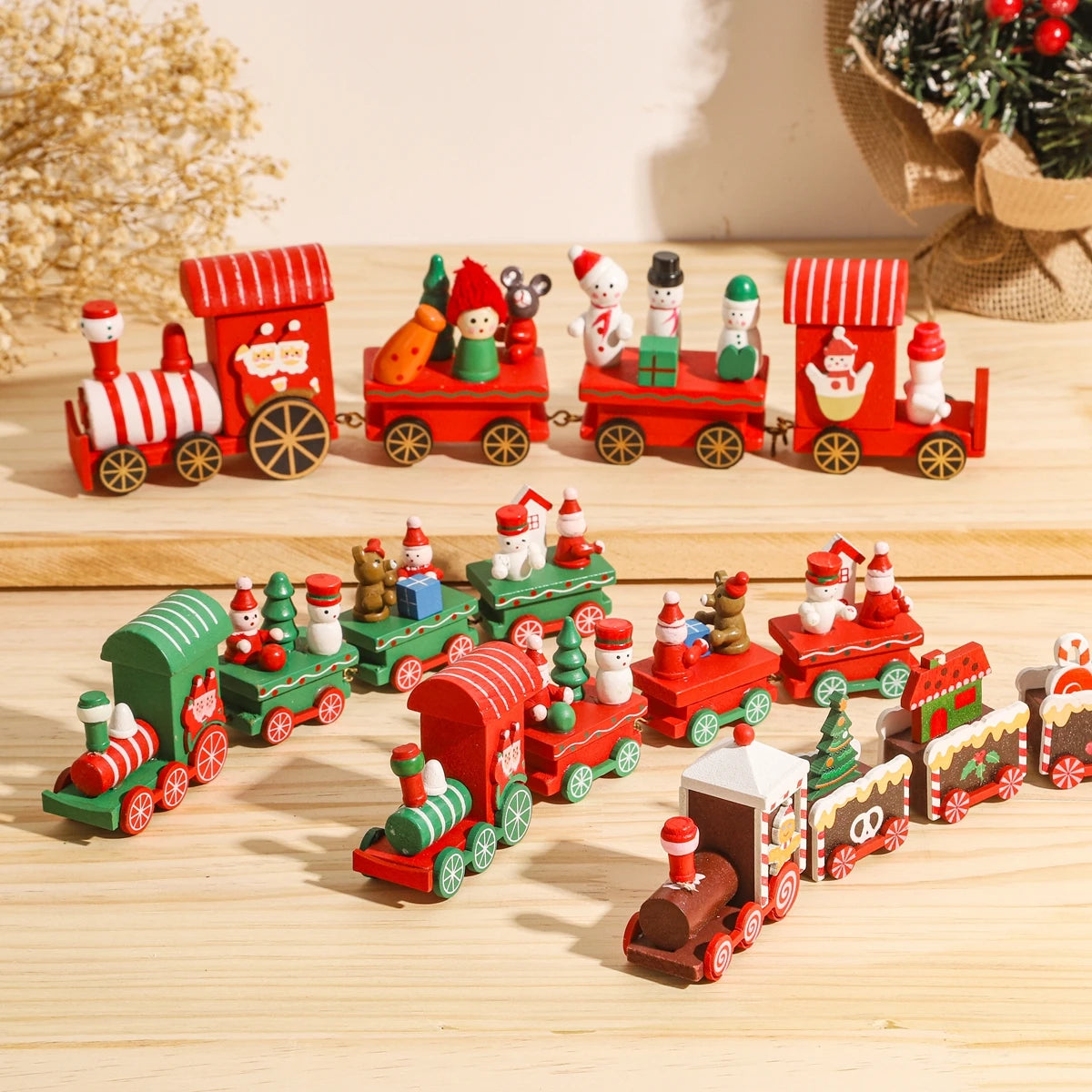 Festive Mini Christmas Express Train Tabletop Decoration (4-Car Wooden & Plastic Sets)