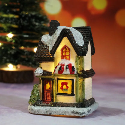 Miniature LED Christmas Village House – Glowing Resin Snow Cottage Tabletop Ornament