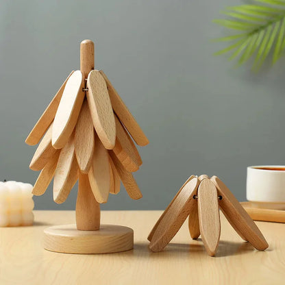 Wooden Tree Trivet & Coaster Set | Foldable Heat-Resistant Wooden Hot Pads