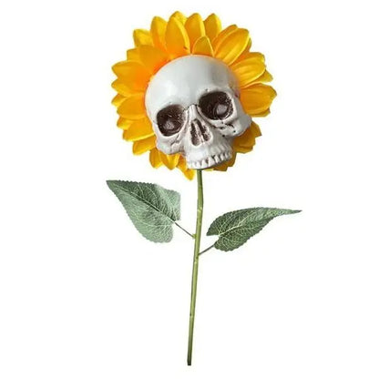 Artificial Sunflower Skull Garden Stake — Spooky Horror Halloween Yard Decoration & Skeleton Plant Lawn Ornament