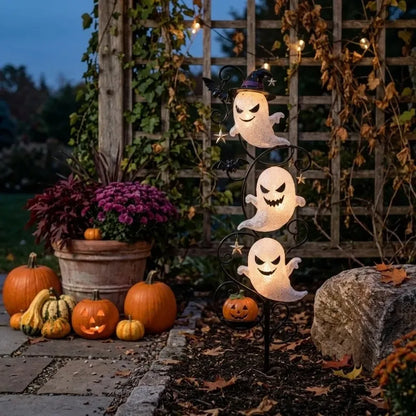 Lighted 3-Tier Ghost Halloween Garden Stake — 17.7" Wrought Iron Yard Light with Witch Hat, Bats & Mini Pumpkin