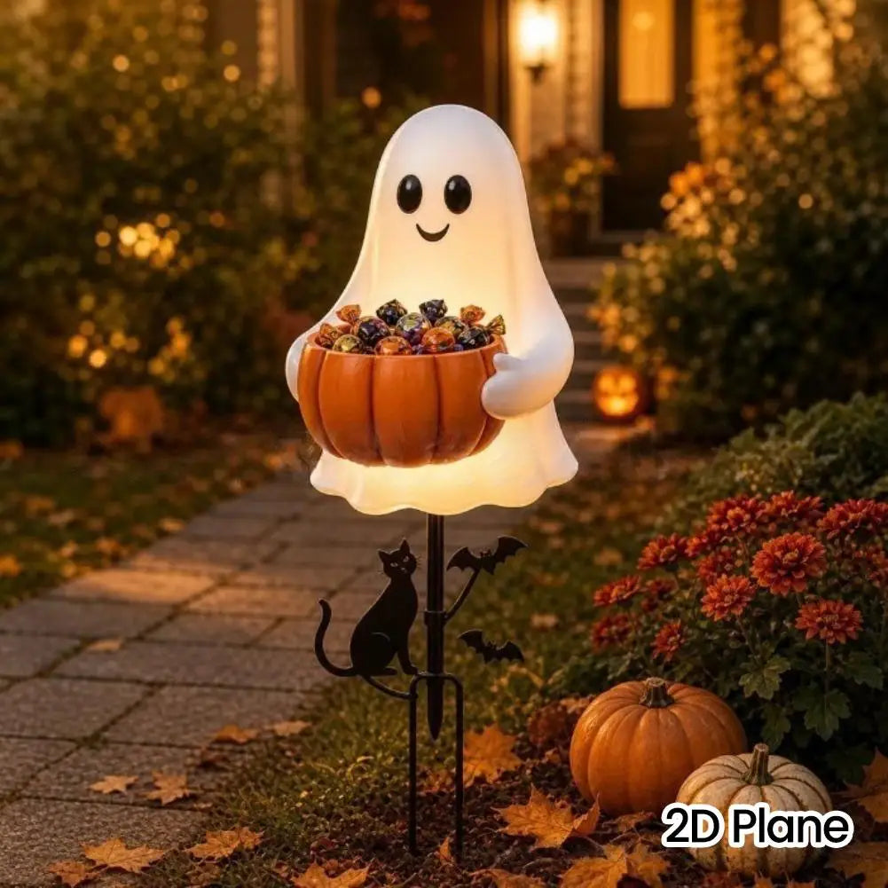 Light-Up Halloween Ghost Garden Stake — 15.75" Outdoor Candy Bowl Welcome Light with Black Cat & Bat Silhouettes