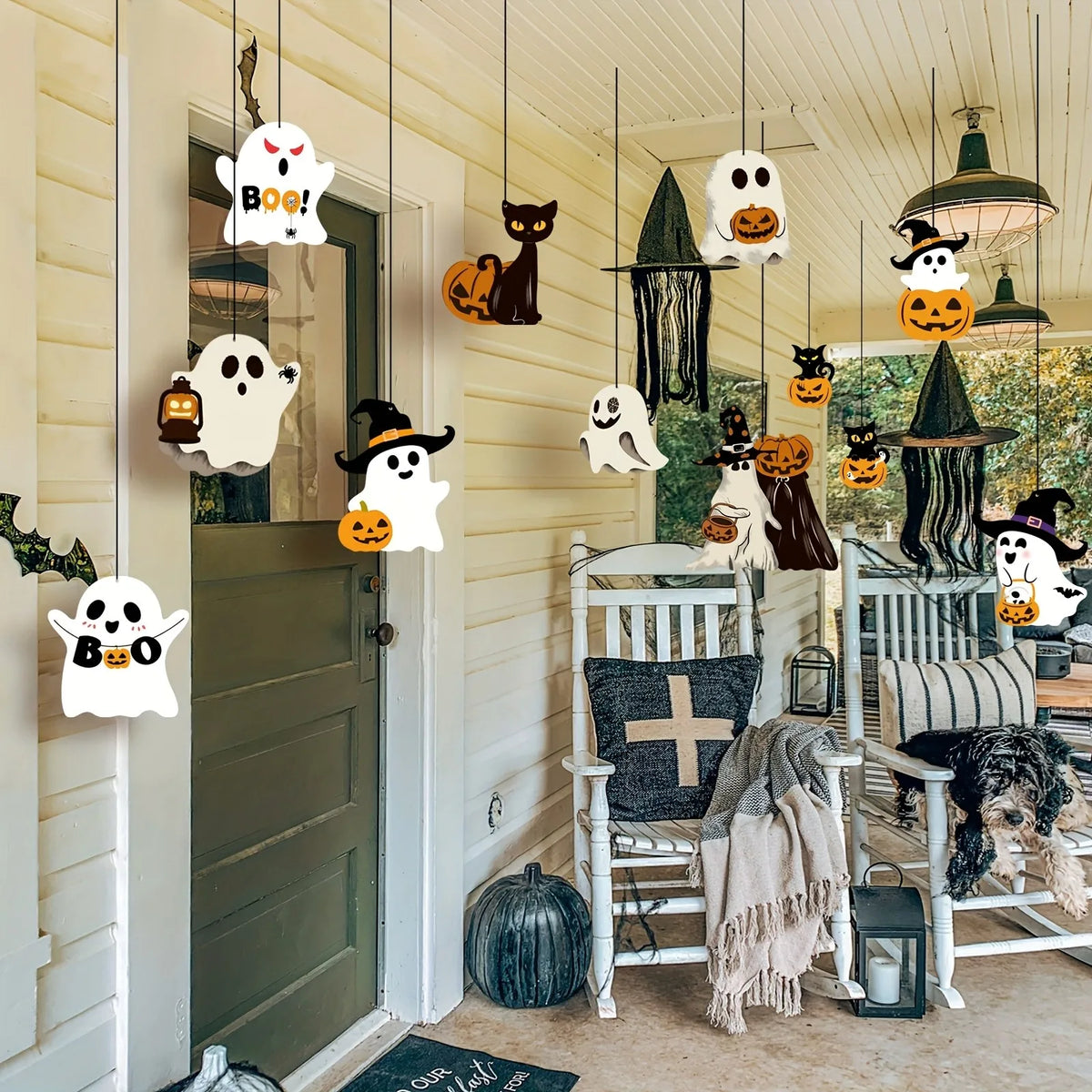 "BOO!" Halloween Hanging Swirls & Cutouts Set (12-Piece Outdoor & Indoor Decor)