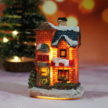 Miniature LED Christmas Village House – Glowing Resin Snow Cottage Tabletop Ornament