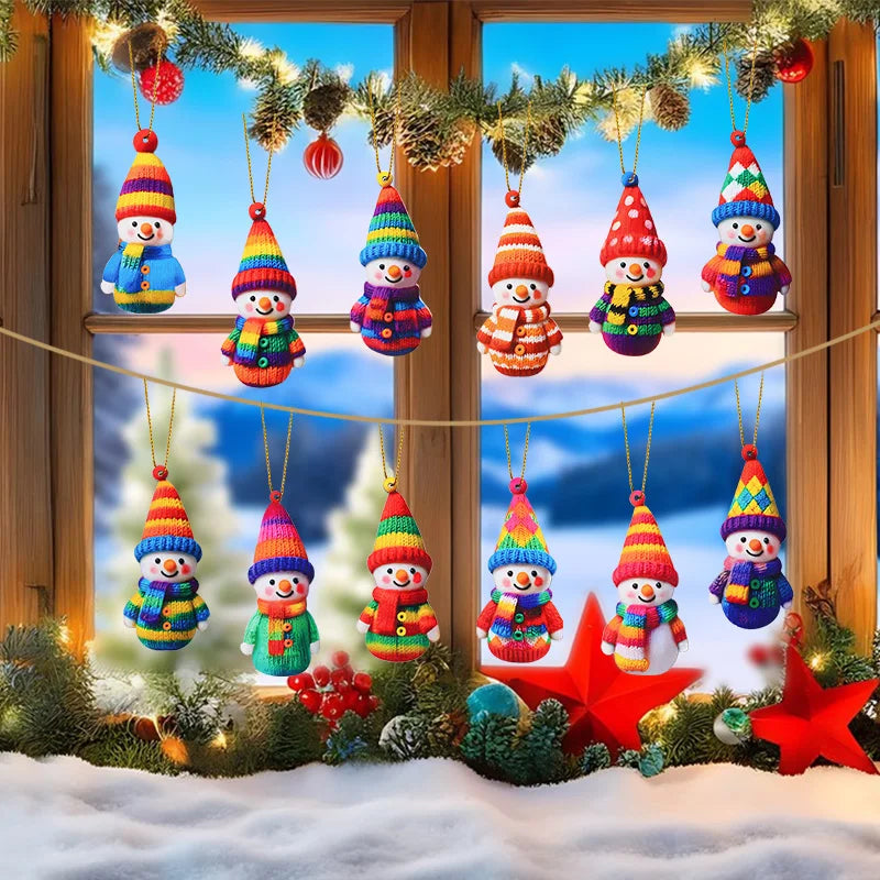 Mini Wooden Snowman Christmas Tree Ornaments – Flat Colorful Knit-Look Holiday Hanging Pendant Decorations