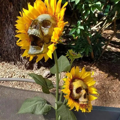 Artificial Sunflower Skull Garden Stake — Spooky Horror Halloween Yard Decoration & Skeleton Plant Lawn Ornament