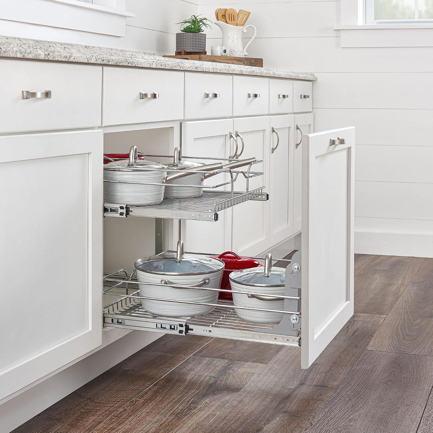 2-Tier Pullout Shelf and Drawer Organizer for Kitchen Cabinets, Slide Out Storage Basket, Min Opening Width of 17.5", 18" X 22", 5WB2-1822CR-1