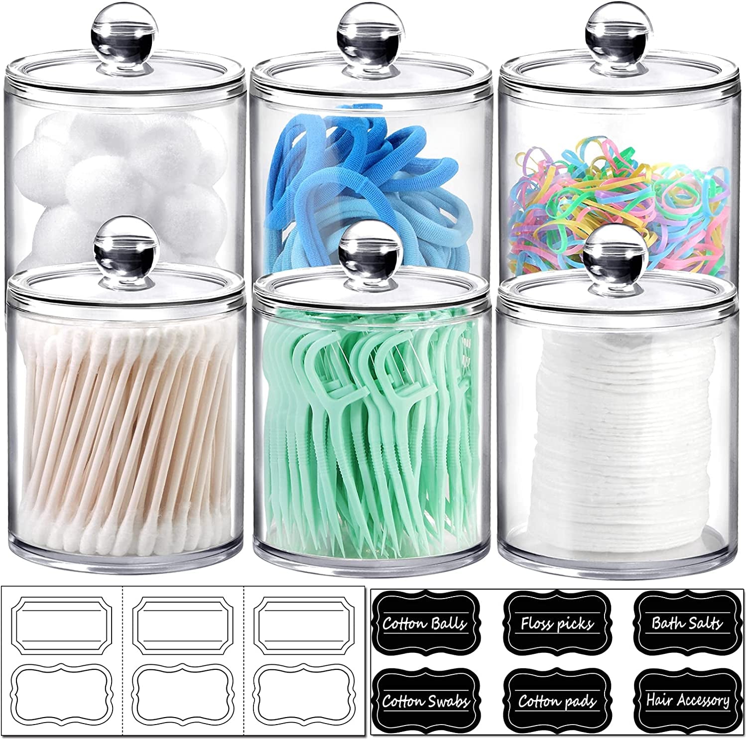 6 Pack Acrylic Qtip Holder with Labels, Qtip Jars for Bathroom | (3) 10Oz & (3) 12Oz Qtip Holder Set Shatterproof Bathroom Vanity Organizer for Cotton Swabs, Balls, Pads - Minimalist Decor