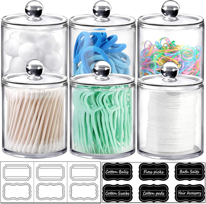 6 Pack Acrylic Qtip Holder with Labels, Qtip Jars for Bathroom | (3) 10Oz & (3) 12Oz Qtip Holder Set Shatterproof Bathroom Vanity Organizer for Cotton Swabs, Balls, Pads - Minimalist Decor