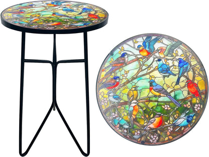 Mosaic Birds Outdoor Side Tea Table, Glass Plant Tables Indoor Decorative Metal Patio Table, Outdoor Tables Unique Furniture - Weather-Resistant Patio Valentine'S Day Decor