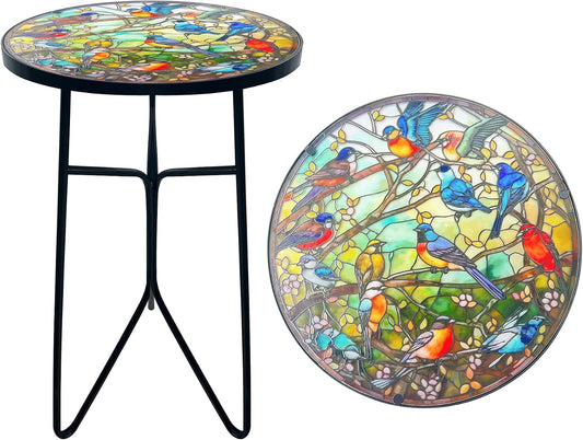 Mosaic Birds Outdoor Side Tea Table, Glass Plant Tables Indoor Decorative Metal Patio Table, Outdoor Tables Unique Furniture - Weather-Resistant Patio Valentine'S Day Decor