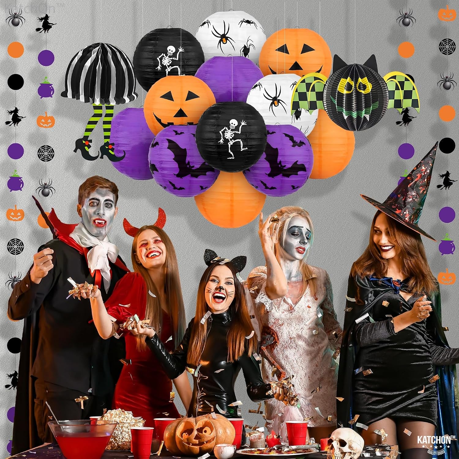 Halloween Hanging Paper Lanterns Set, Pack of 15 | Halloween Paper Lanterns, Halloween Honeycomb Decorations for Halloween Decorations